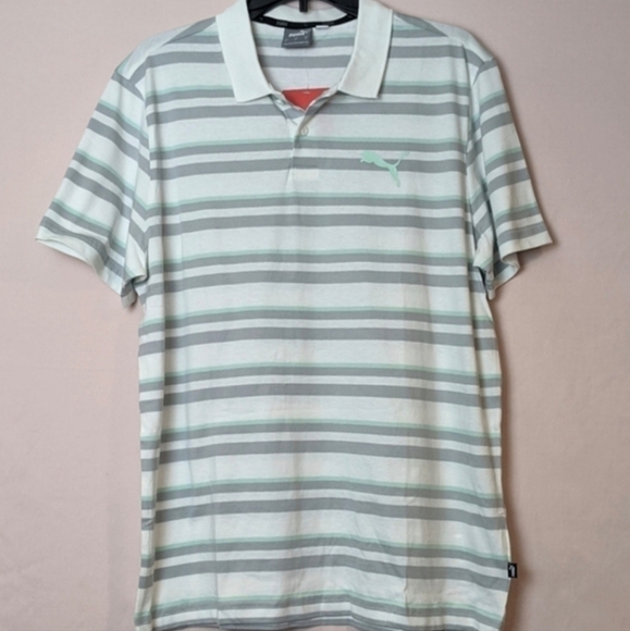 Puma Essentials Striped Jersey Polo in White and Gray and Mint Green size Small - Picture 1 of 8